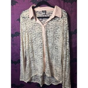 Fairy‎ Core Romantic Lace Dots XL Lace Button Down Long Sleeve Top Blouse EUC